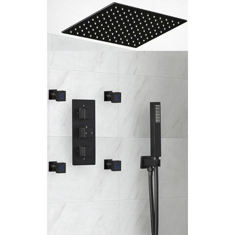 Milano Preto 3 Outlet Triple Diverter Thermostatic Mixer Shower Valve with 400mm Ceiling Mounted Square Recessed Rainfall Shower Head Hand Shower Handset Kit and Body Jets – Black (1/5)