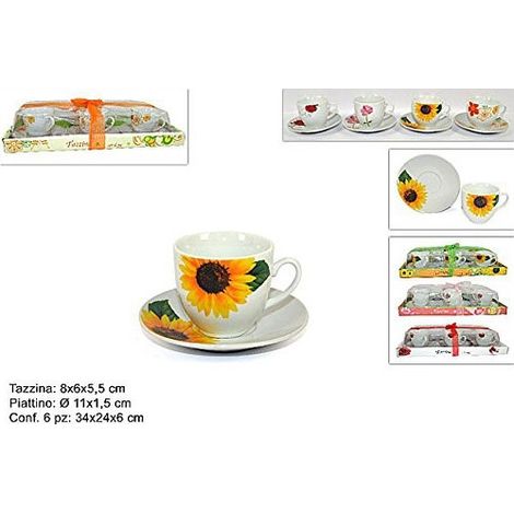 TrAdE Shop Traesio - Set 6 Tazzine Da Caffè Te Con Piattini Decorazione Floreale Arredo Cucina Casa -