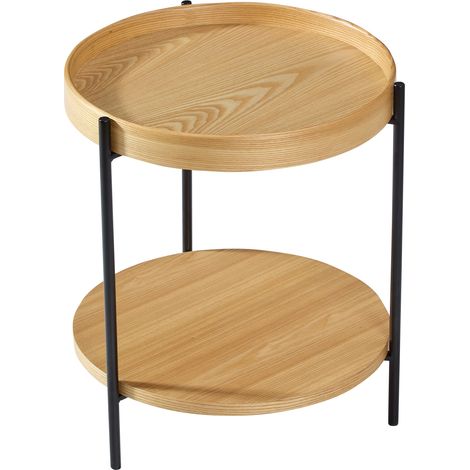 Table basse ronde 2 niveaux en bois et MDF avec structure en métal noir, finition bois clair, design moderne avec rangement ouvert pour salon - CHICFURN (1/5)