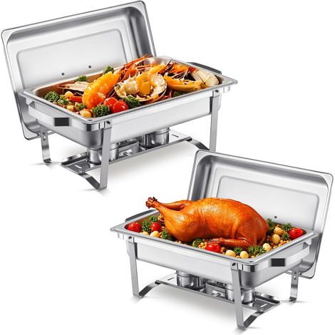 Chauffe-Plat Rectangulaire 2PCs 7,5 L, Buffet Chauffant avec 2 Bacs Pleine Taille, Réchaud en Acier Inoxydable, avec Couvercle, pour Buffet Libre-Service Hôtel Traiteur Restauration, Argenté (1/5)