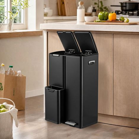 Poubelle de Cuisine Tri Sélectif 3 Compartiments 60 L avec Pédale 46,7 x 39 x 71,9 cm Noir (1/5)