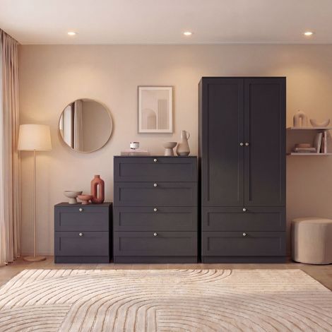 Altino 3 Piece Bedroom Set with 2 Drawer Bedside, 4 Drawer Chest, 2 Door 2 Drawer Wardrobe, Black (1/4)