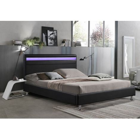 Letto Matrimoniale Moderno Ecopelle Nero, Led 220x174cm