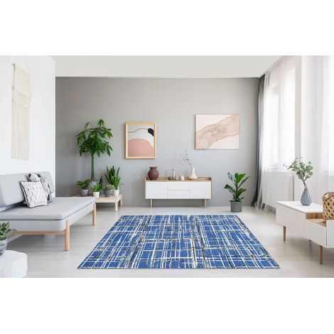 Tappeto Arredo Moderno Morbido in Ciniglia Ingresso Antiscivolo Prodotto Italiano Soggiorno Camera Salotto Disegni Piazzati Cotone Varie Misure Grande Graffiato BluMare - 80x150Cm (1/5)