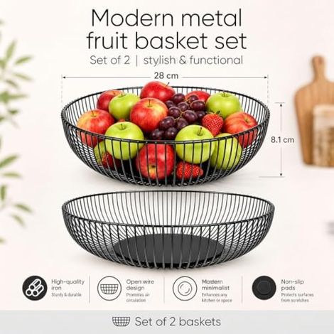 Lot de 2 corbeilles à fruits en métal noir de 28 cm pour cuisine, pain (1/4)