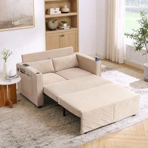 Canapé-lit 2 places 3 en 1 design minimaliste, convertible coulissant, ports USB, beige 195x134x73cm, idéal pour salon et studi (1/5)