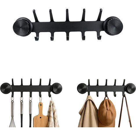 Crochet Cuisine Ventouse, 38,5 cm Barre Murale avec 5 Crochets Doubles, Porte Ustensiles Cuisine Métal Sans Perçage, Porte-Manteau Amovible pour Salle de Bain et Rangement Balcon, 1 Pièce, Gris (1/5)