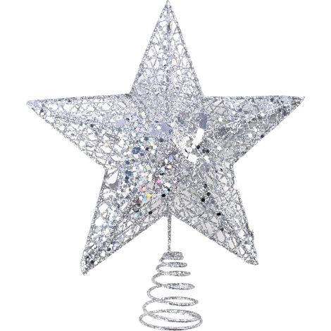Silberner Stern als Baumspitze, 20 x 25 cm, mit Metallic-Glitzer, Weihnachtsbaumschmuck (1/5)