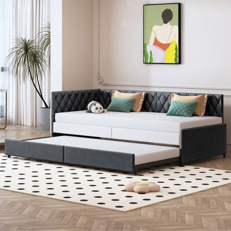 Lit gigogne 90x200 cm mit Lattenrost, Ausziehsofa, 2 in 1 Einzelbett, Doppelbett, 2-Personen-Bett, Samtstoff, Grau