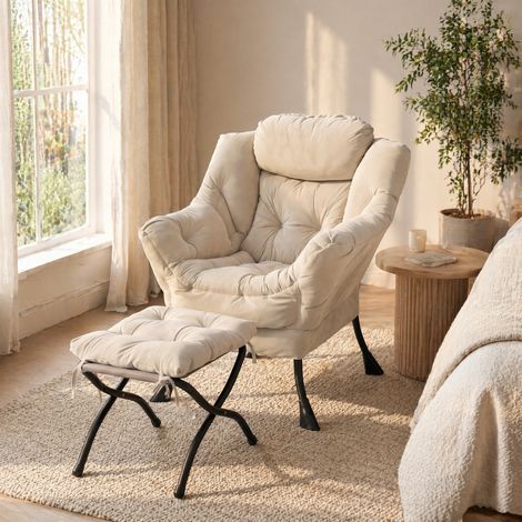 Relaxsessel 72x80x93 cm beige mit Fußstütze und Seitentasche, Stoff und Metall MEUBLIV (1/5)