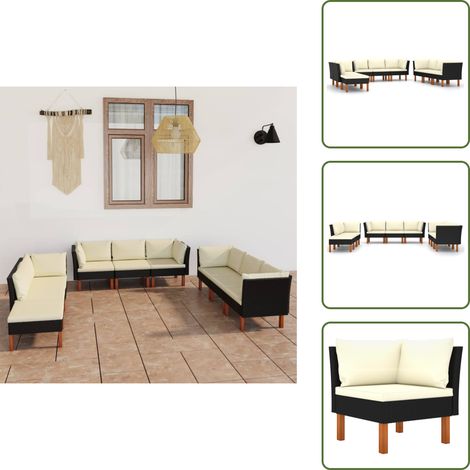 9-tlg. Garten-Lounge-Set mit Kissen Poly Rattan Schwarz - Gartensauna - Loungemöbel - Gartenmöbel Set - Outdoor Möbel - Esszimmergarnitur (1/5)