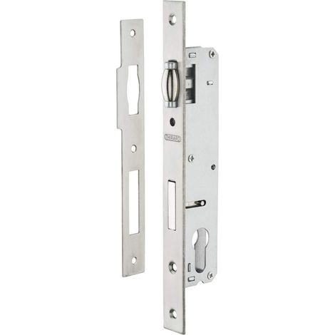 1 boîtier de serrure, axe 20 mm, carré 8 mm, acier zingué, têtière inox, pour menuiserie métallique (1/4)