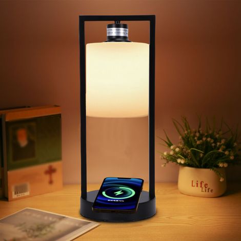 Lampe de chevet vintage avec chargement sans fil, abat-jour en tissu blanc, commande tactile, lumière blanc chaud à intensité variable (3 niveaux), chargeur sans fil 10 W, ampoule E26 incluse, port US