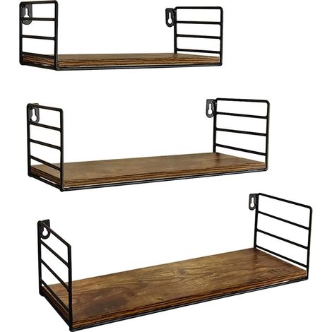 Set of 3 Wall Shelves Wooden Floating Shelves, Storage for Living Rooms Bedrooms Kitchens Bathrooms, Rustic Finish (1/5)