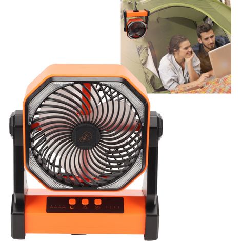 Ventilateur de camping avec lanterne LED, 4 vitesses, pivot à 270°, grand débit d'air, rechargeable par USB, avec crochet pour lampe, orange. (1/5)
