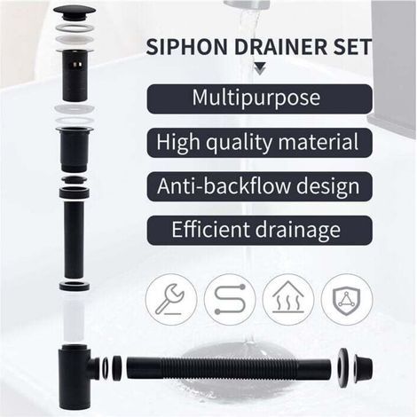 Siphon de lavabo avec bonde Siphon universel et bonde d'écoulement de salle de bain plein pour lavabo noir mat 1/4 x 30 mm siphon pop-up, bonde vidage syphon (1/4)