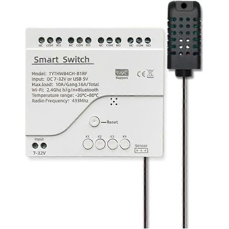 Interrupteur intelligent Tuya WiFi DC 7-32V à 4 canaux avec capteur de température et d'humidité, module à contact sec passif, compatible avec Smart Life. (1/5)
