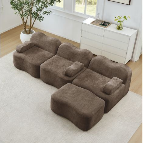 Divano angolare 3 posti in velluto marrone modulare con pouf, assise profonda e cuscino bracciolo mobile (1/5)
