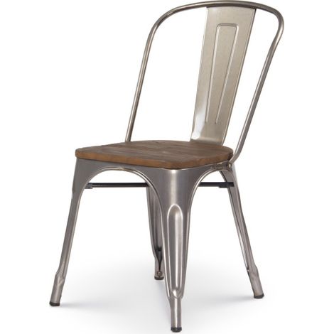Silla de metal en bruto con asiento de madera maciza oscura - Aspecto galvanizado (1/5)