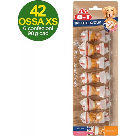 42 ossements triple saveur taille XS avec triple saveur poulet, bœuf et porc - OFFRE ECONOMIQUE 6 paquets de 7 os chacun