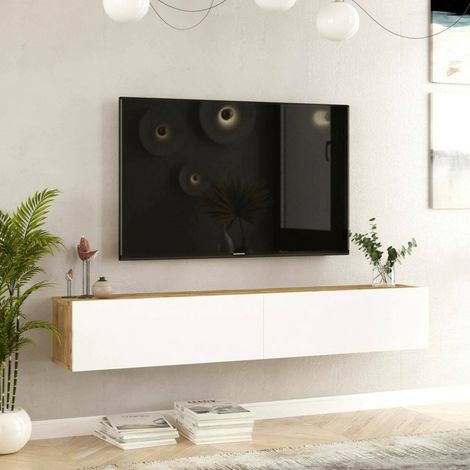 Dmora - Fernsehschrank Thebe, Ständer für Wohnzimmerfernseher, Niedriges Wohnzimmer-Sideboard, TV-Ständerbasis, 180x32h30 cm, Eiche und Weiß, mit verstärkter Verpackung (1/5)