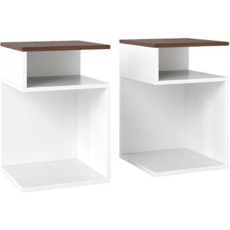Design en S, lot de 2 tables d'appoint noyer avec 2 niches ouvertes, pour salon, chambre et petit espace (1/2)