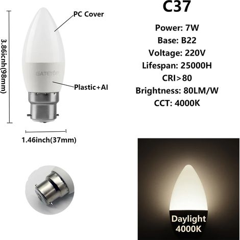 (C37 7W B22 4000K) Lot de 10 ampoules LED, adaptées à la décoration intérieure, au bureau et à la salle de bain. (1/4)
