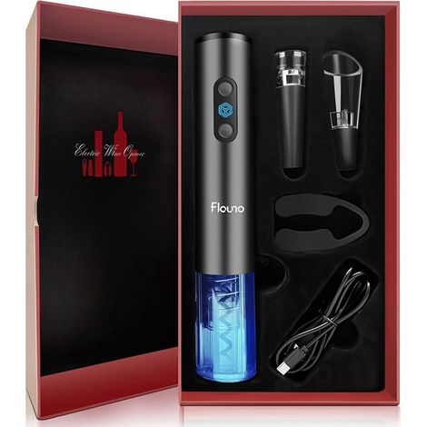 Tire Bouchon Électrique Rechargeable, Ouvre Bouteille Set avec Coupe-Capsule, Verseur Aérateur de Vin, Bouchon à Cable USB, Coffret Cadeau (1/5)