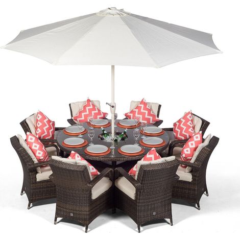 Arizona Round 8 Seater Rattan Dining Set with Ice Bucket Drinks Cooler - Brown (1/5)