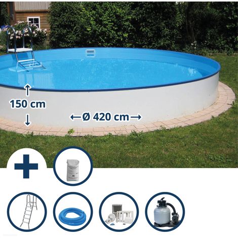 Stahlwandpool Set (7-teilig) halbhoch rund Baltimore 420x150 cm, Stahl 0,8 mm weiß Folie 0,6 mm blau (1/5)