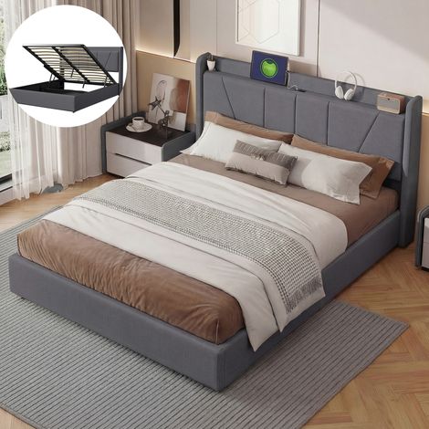 Lit coffre 140 x 200 cm, lit 140x200 avec sommier, lit adulte avec port USB, cadre de lit, avec tete de lit, Gris foncé, matière lin (1/5)