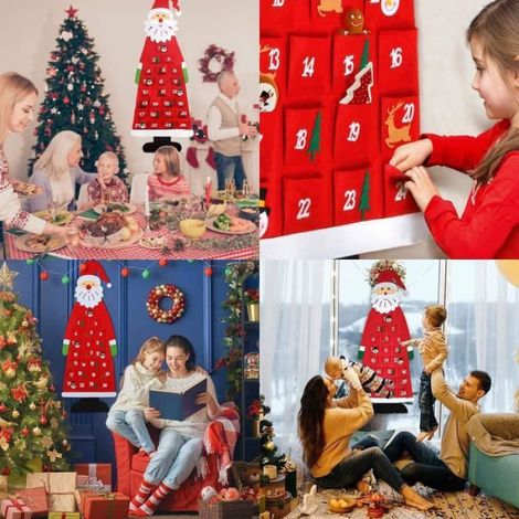 Calendrier de l'Avent en Feutre de Noël - - Père Noël 3D - Rouge, Blanc - Pour Enfant de 3 ans et plus (1/4)