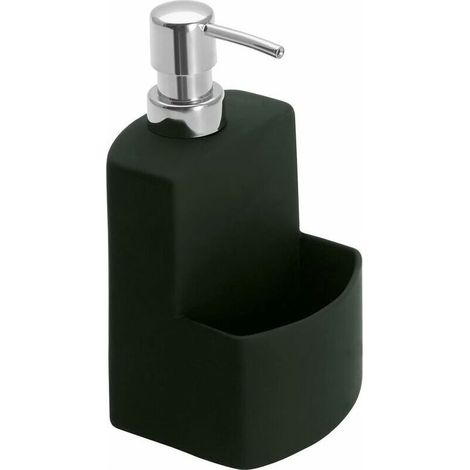 Distributeur de liquide vaisselle, distributeur de savon, céramique de haute qualité, surface douce, avec compartiment éponge, capacité 380 ml, 10 x 18 x 10 cm, noir (1/5)