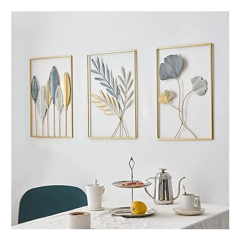 Lot de 3 décorations murales en métal doré minimaliste - Décoration murale - Feuille - Peinture décorative pour la maison, le salon, la chambre à coucher - Doré (1/5)