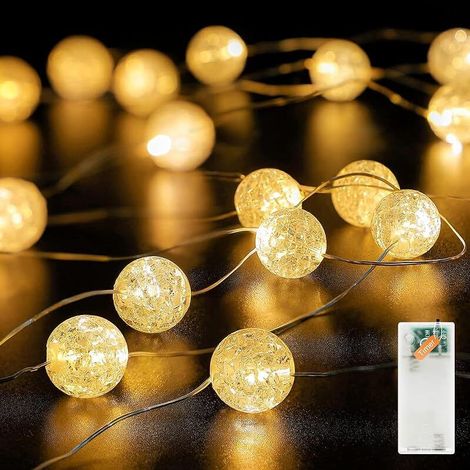 Guirlande lumineuse boules de cristal déco, 2M guirlande lumineuse boules de cristal crackle avec 20 LED à piles avec minuterie, guirlande lumineuse déco pour intérieur, Noël, Saint-Valentin