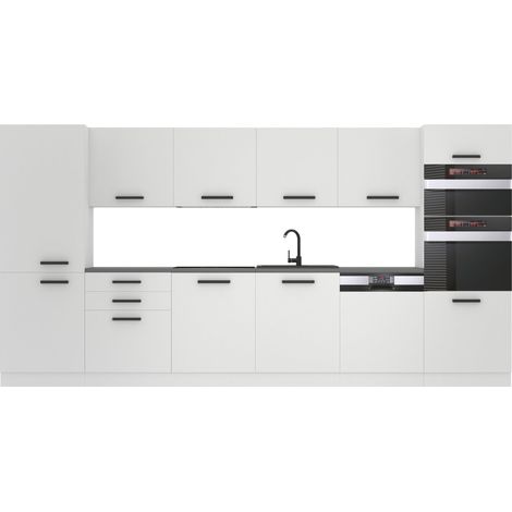 Belini – Cuisine complète 360 cm sans plan de travail – Façades en blanc mat – Corps en panneaux de particules – Système de fermeture silencieuse (1/4)