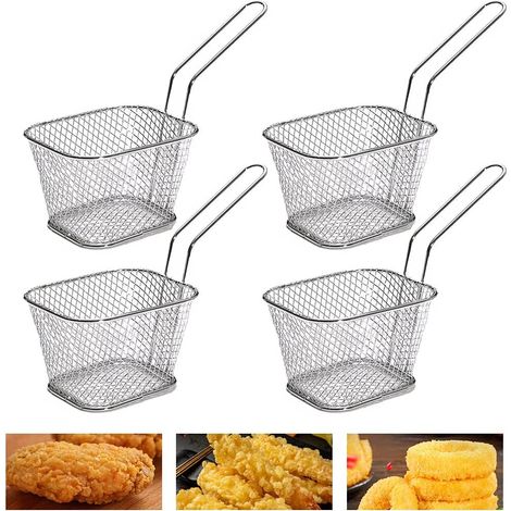 Lot de 4 paniers à frites individuels rectangulaires en acier inoxydable avec filtre à crevettes. (1/5)