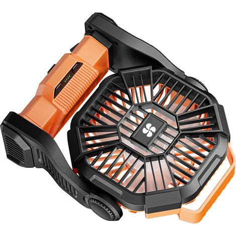 Ventilateur de camping rechargeable avec lampe et batterie de grande capacité, ventilateur de tente extérieur en ABS texturé, idéal pour une utilisation en extérieur.