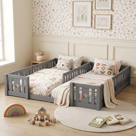 Lit cabane enfant 140x190 cm – Sommier inclus – Barrières de sécurité – Bois pin et contreplaqué – scandinave, Gris