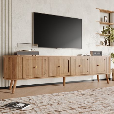 Mueble TV 180x38x47 cm cuatro puertas, tiradores dorados, patas de madera, diseño único, color madera natural (1/5)