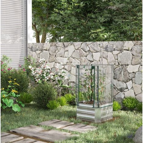 Jardinera elevada 53x53x90 cm plateada en PVC y acero con cubierta transparente y enrejado (1/5)