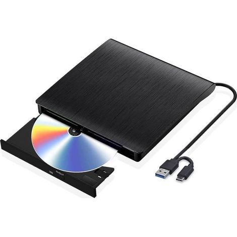 Lecteur CD/DVD Externe USB 3.0 et Type C Portable CD/DVD-RW Lecteur Graveur CD, Plug and Play pour PC, Laptop, Desktops, Windows (1/4)