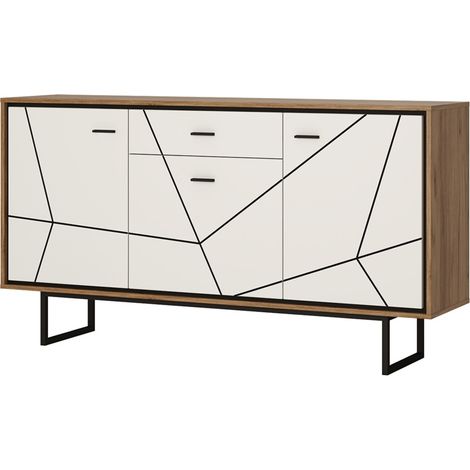 Sideboard Wohnzimmer BRISTOL-129 in Catania Eiche Nb. mit schwarz und weiß Hochglanz, B/H/T: ca. 167/90,5/40 cm (1/5)