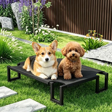 Lit Chien Surélevé, Lit Surelever de Camp pour Animaux de Compagnie Intérieur Extérieur, Panier Sureveler Chien Lavable Respirant, Cadre métallique Robuste,Noir 90L×65W×20H (1/5)