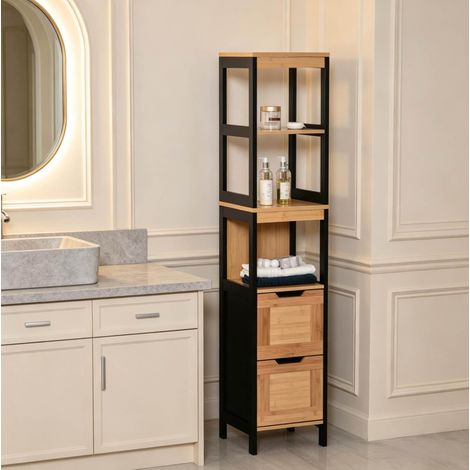 Meuble de salle de bain sur pied avec 2 tiroirs, 3 étagères, bambou et MDF noir naturel DESVIAE (1/5)