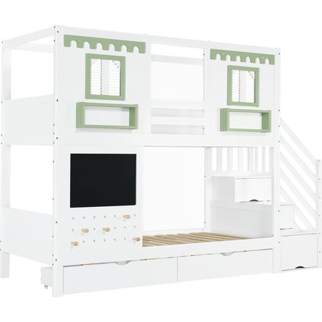 Letto a castello bambini 90x200 cm, scala contenitore, 2 cassetti, lavagna, bianco/verde (1/5)