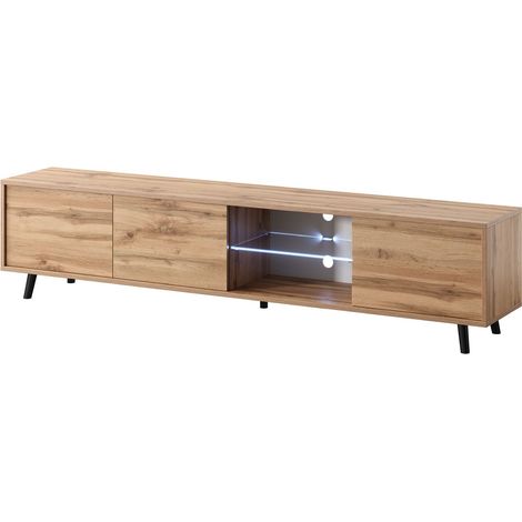 Meuble TV Debout sur Pieds Trois Niches Fermées Une Niche Ouverte Élément en Verre Lumières LED Blanches 175 cm Chêne (1/5)