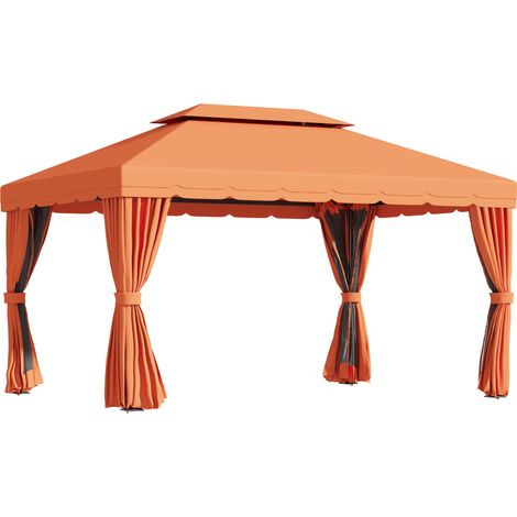 Gazebo da Giardino 4x3m con Doppio Tetto e Tende Laterali, Arancione