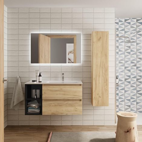 Meuble de salle de bain BEQUIA Plus 100cm Chêne/Noir Vasque Porcelaine Robinet à droite (1/5)
