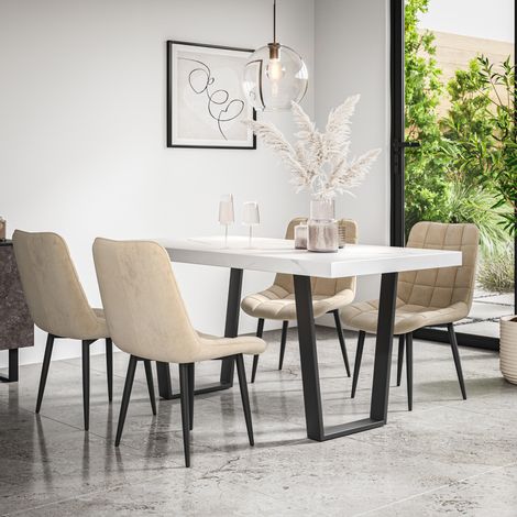Aria Dining Table And Chairs - White Marble Effect Table Top w Black Legs + Nova Velvet Dining Chair Set Of 6 (Beige) (1/5)